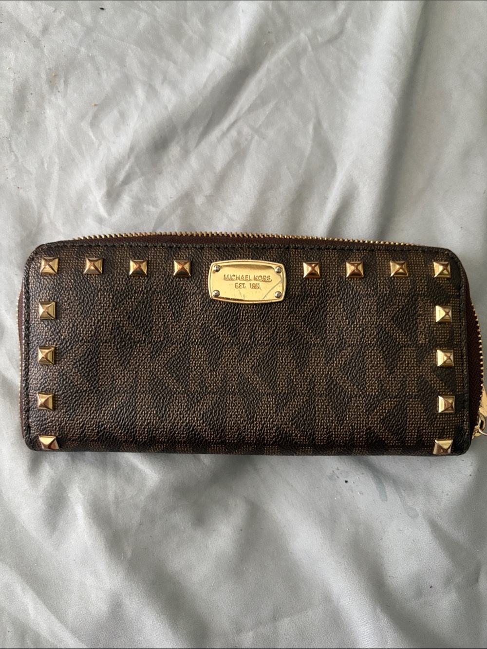 Michael Kors Brown Logo Stud Zip Wallet with Gold Accents